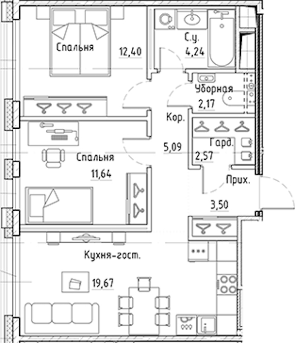 2-комнатная квартира 61.28 м², 8/10 эт., ЖК «LEGENDA Лисичанская 22»